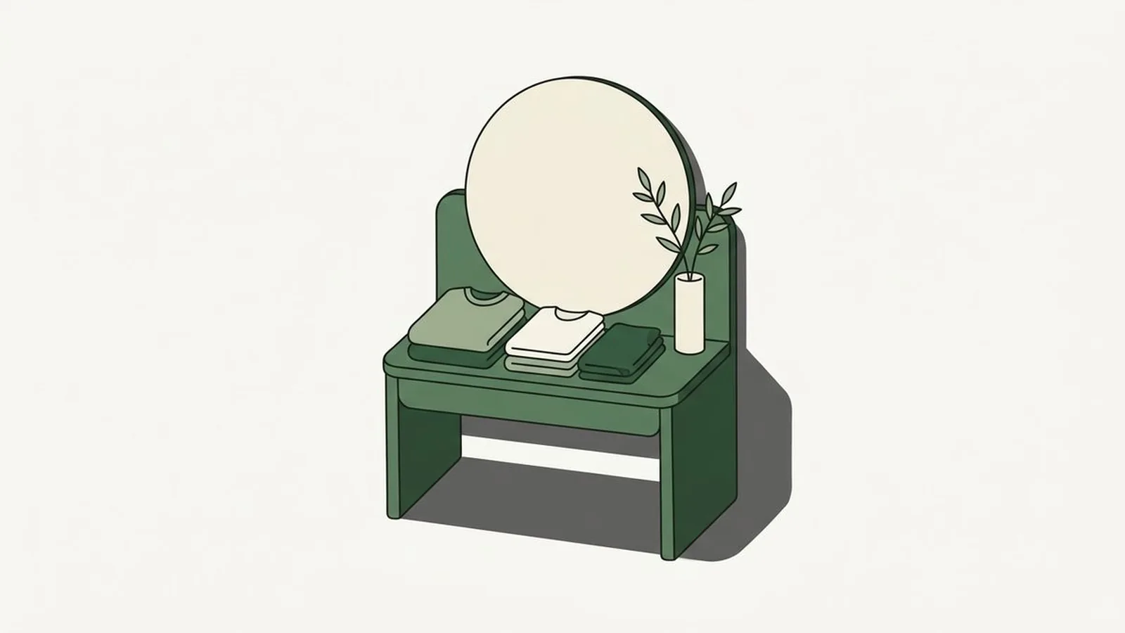 Flat editorial illustration of a minimalist vanity with tone-on-tone folded garments in forest green, sage and cream, for the guide Korean Personal Color: The 12 Types