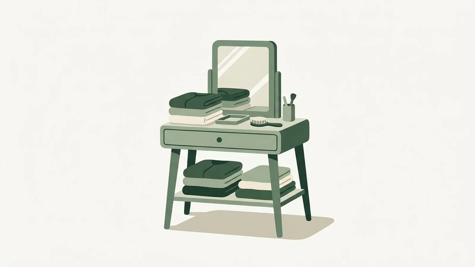Flat editorial illustration of a minimalist vanity with tone-on-tone folded garments in forest green, sage and cream, for the guide Tone-on-Tone Outfits, the Korean Way