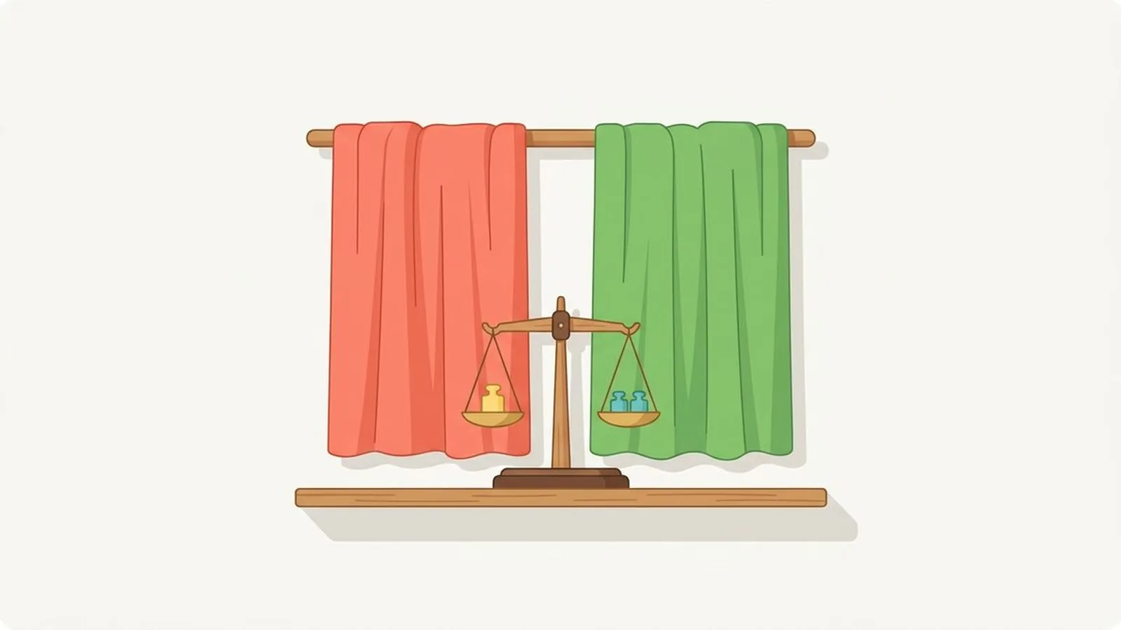 Flat editorial illustration of two fabric drapes side by side with a small balance scale in warm coral, butter yellow, fresh leaf green and aqua, for the guide Light Spring vs Light Summer: The Difference