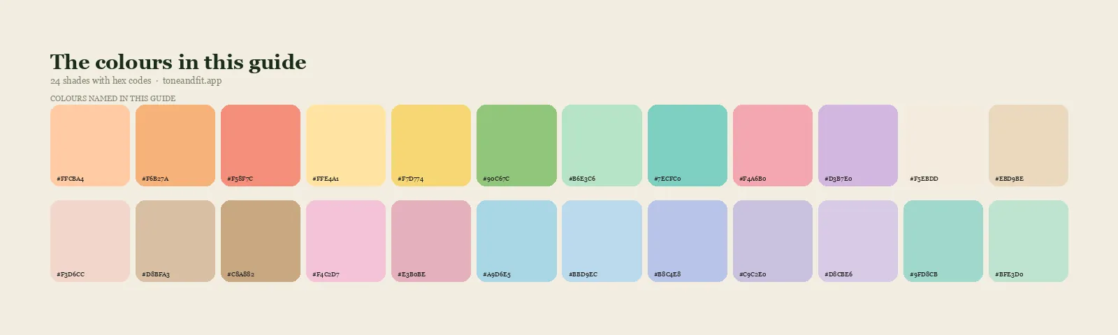 Swatch strip of the 24 colours named in this guide, with hex codes, starting with Peach, Apricot, Coral Pink, Buttercream