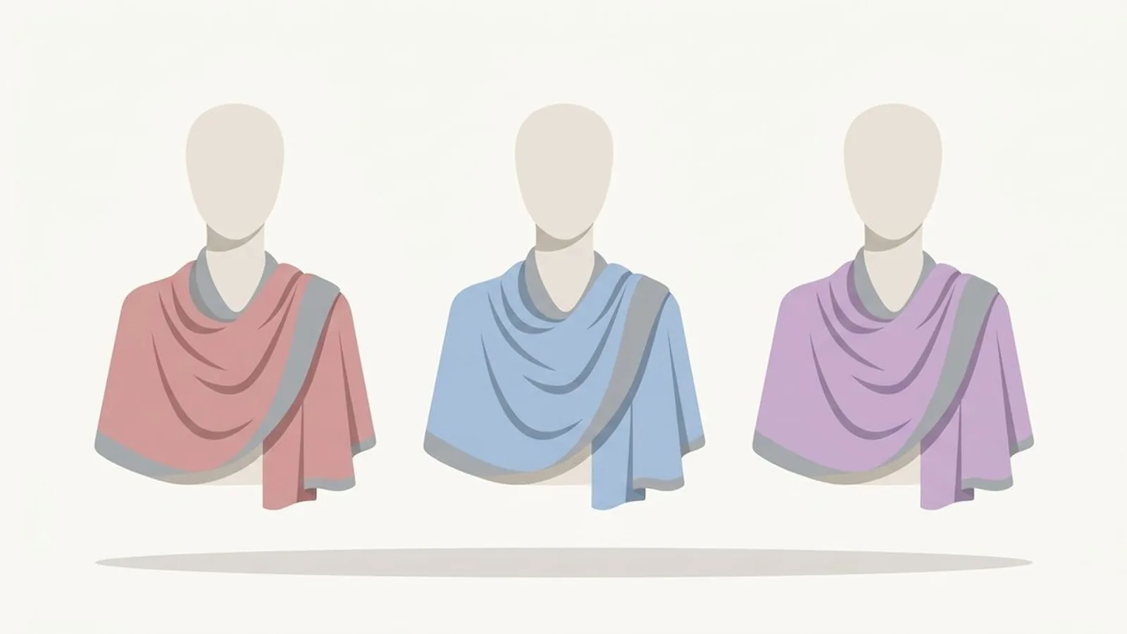 Flat editorial illustration of three faceless mannequin busts wearing draped fabric in dusty rose, powder blue, lavender and soft grey, for the guide Light Summer Celebrities: 12 Examples