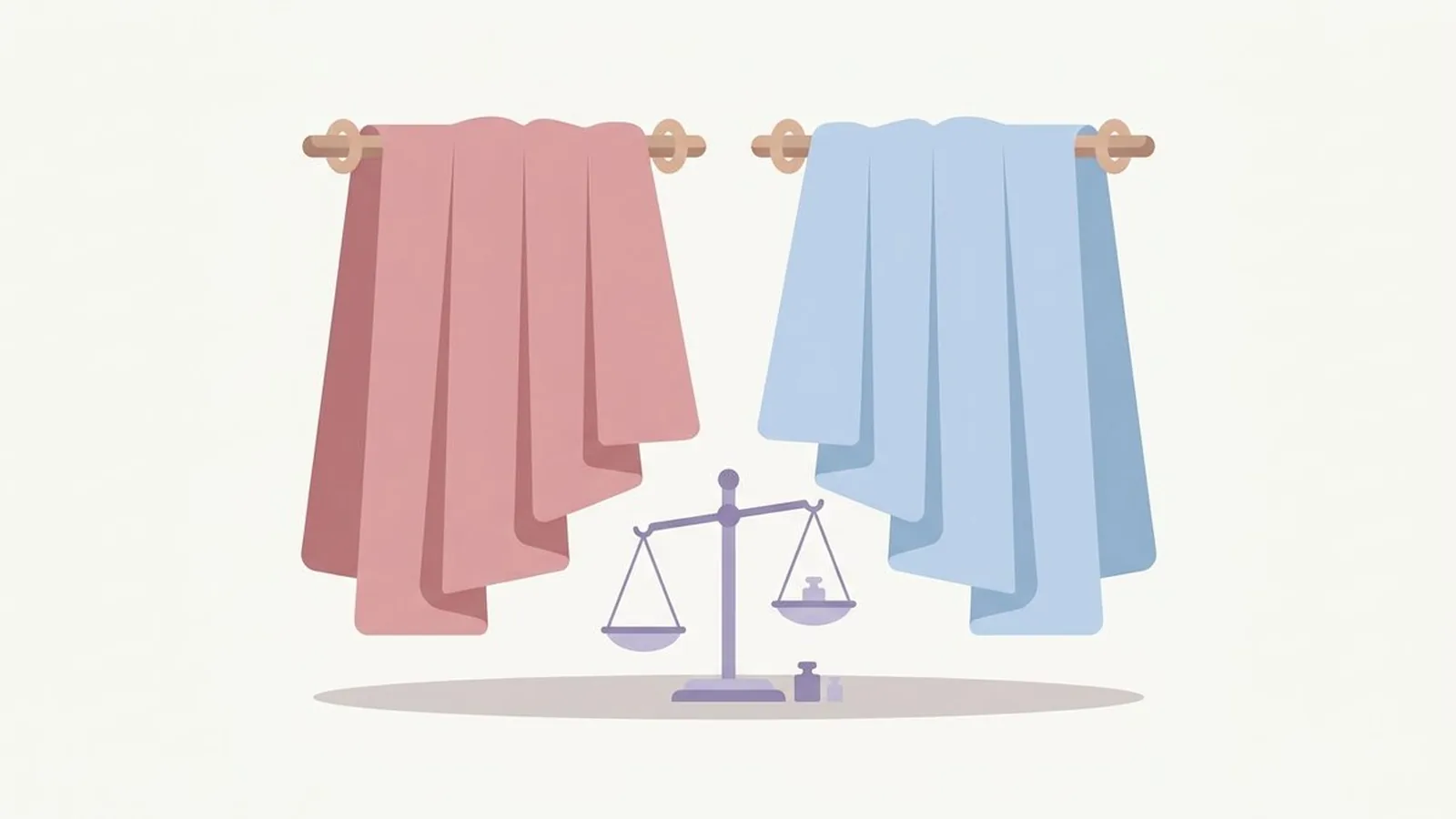 Flat editorial illustration of two fabric drapes side by side with a small balance scale in dusty rose, powder blue, lavender and soft grey, for the guide Light Summer vs Soft Summer: The Difference