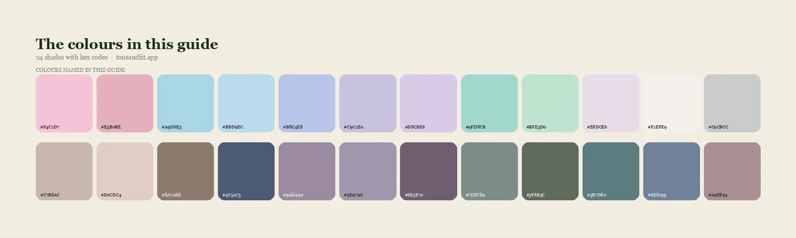 Swatch strip of the 24 colours named in this guide, with hex codes, starting with Ballet Pink, Dusty Rose, Powder Blue, Soft Sky