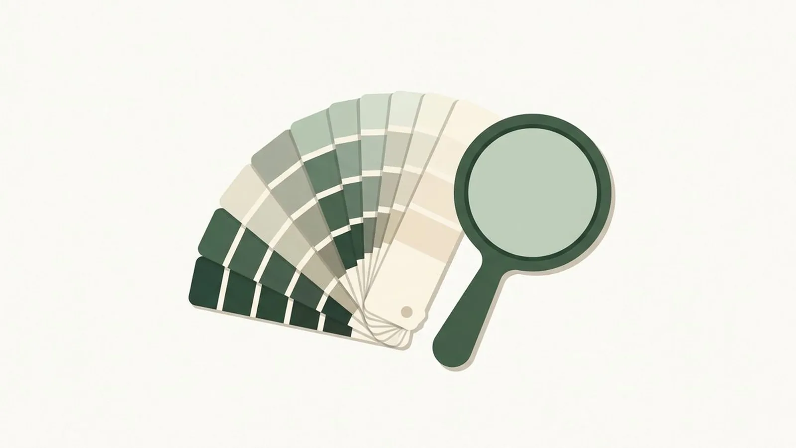 Flat editorial illustration of a paint swatch fan beside a hand mirror in forest green, sage and cream, for the guide Neutral Skin Undertone: The Signs You Have One