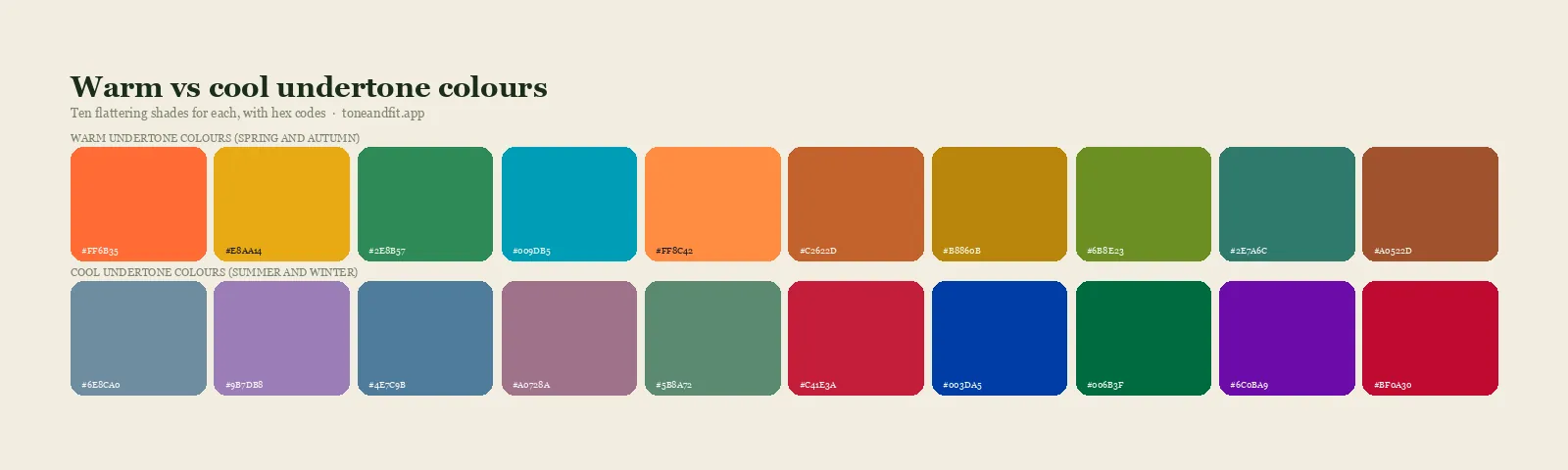 Warm undertone colours versus cool undertone colours: ten swatches for each side with hex codes, drawn from the Spring, Autumn, Summer and Winter palettes