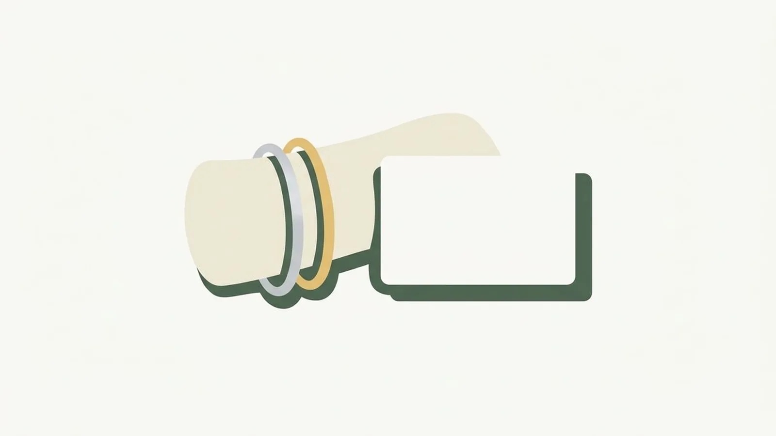 Flat editorial illustration of a wrist wearing a silver and a gold bangle beside a white card in forest green, sage and cream, for the guide Olive Undertone: Signs, Colors and Seasons