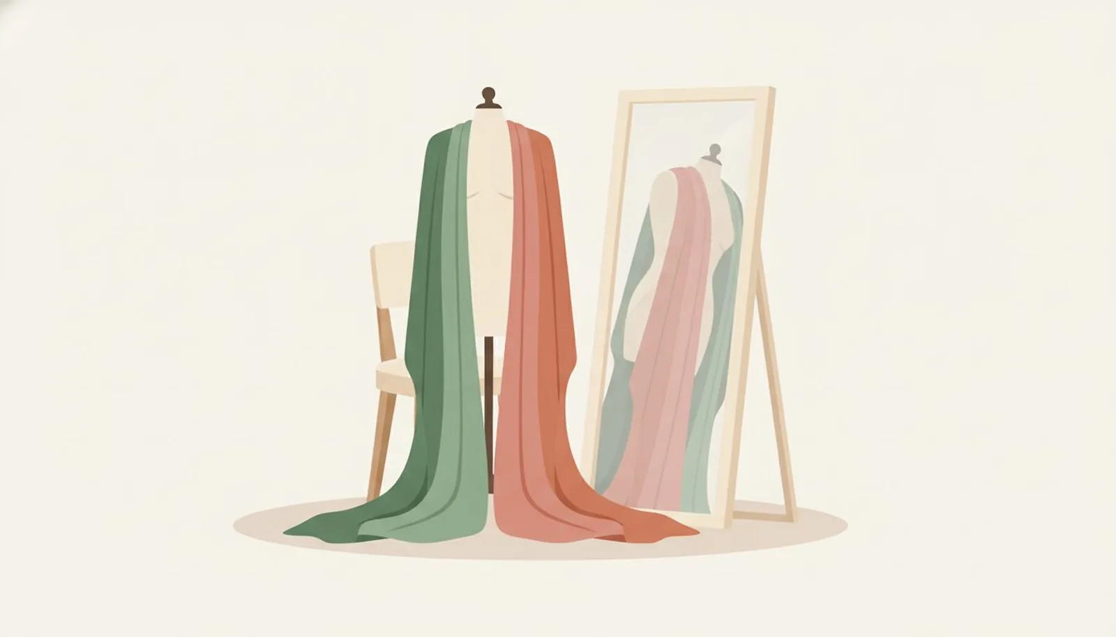 A draping setup: a chair, a mirror and four fabric drapes in warm and cool pairs