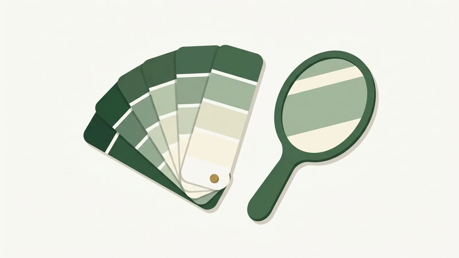 Flat editorial illustration of a paint swatch fan beside a hand mirror in forest green, sage and cream, for the guide Personal Color Analysis: Everything You Need to Know About Finding Your Colors