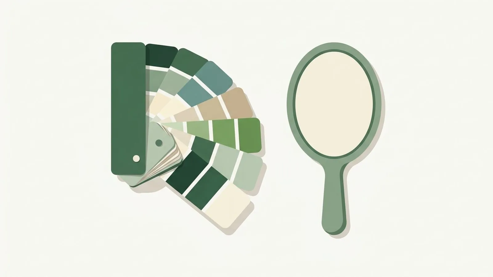 Flat editorial illustration of a paint swatch fan beside a hand mirror in forest green, sage and cream, for the guide Seasonal Color Analysis: How It Works and Why It Changes Everything