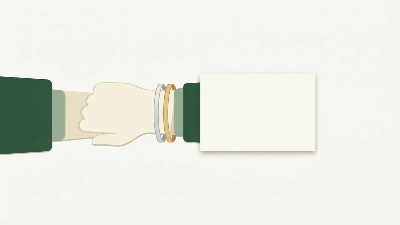 Flat editorial illustration of a wrist wearing a silver and a gold bangle beside a white card in forest green, sage and cream, for the guide Skin Tone Names: Fair to Deep, Explained