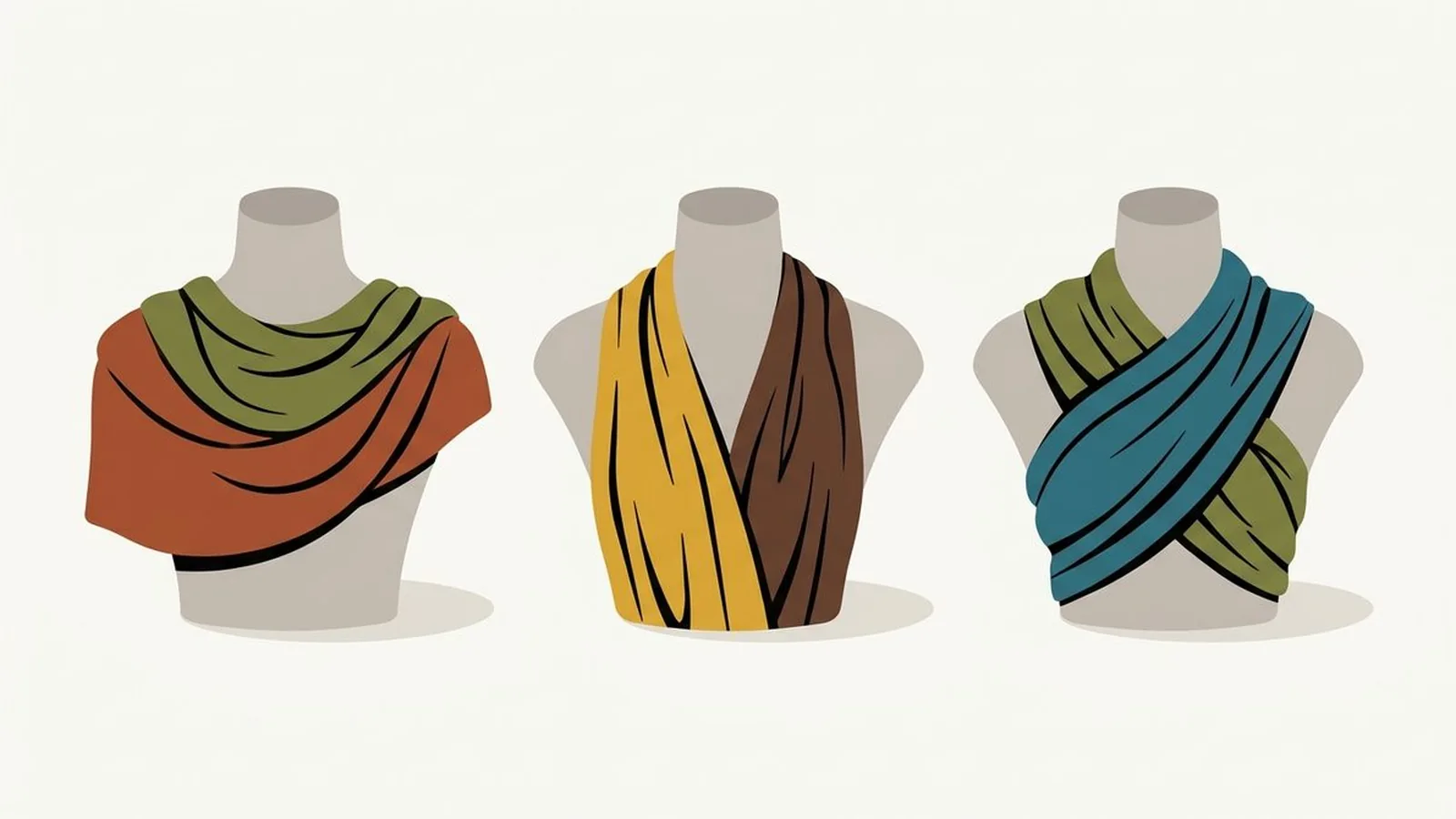 Flat editorial illustration of three faceless mannequin busts wearing draped fabric in rust, olive, mustard, chocolate and teal, for the guide Soft Autumn Celebrities: 12 Examples