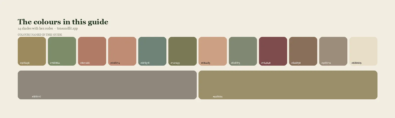 Swatch strip of the 14 colours named in this guide, with hex codes, starting with Soft Gold, Sage, Toasted Coral, Salmon