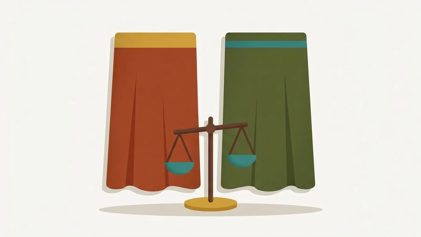 Flat editorial illustration of two fabric drapes side by side with a small balance scale in rust, olive, mustard, chocolate and teal, for the guide Soft Autumn vs Soft Summer: The Difference