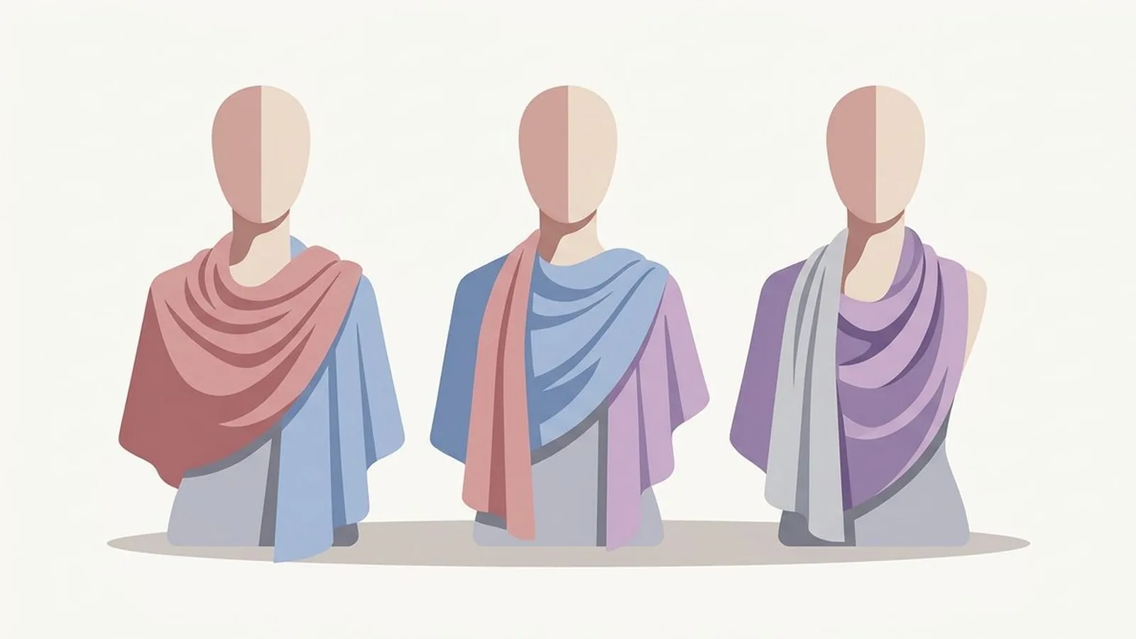 Flat editorial illustration of three faceless mannequin busts wearing draped fabric in dusty rose, powder blue, lavender and soft grey, for the guide Soft Summer Celebrities: 12 Examples