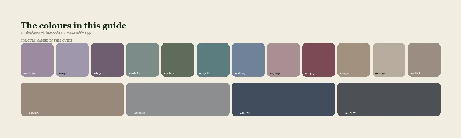 Swatch strip of the 16 colours named in this guide, with hex codes, starting with Dusty Mauve, Greyed Lavender, Soft Plum, Sage Grey