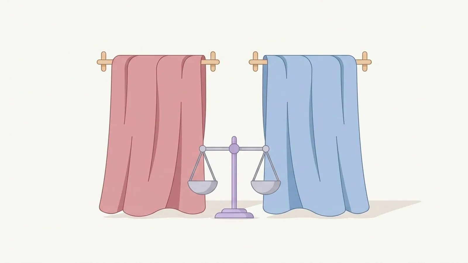 Flat editorial illustration of two fabric drapes side by side with a small balance scale in dusty rose, powder blue, lavender and soft grey, for the guide Soft Summer vs Soft Autumn: The Difference