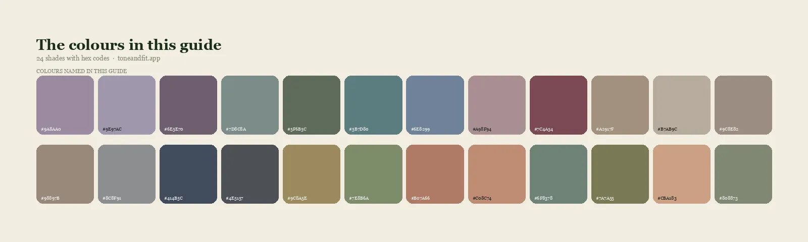 Swatch strip of the 24 colours named in this guide, with hex codes, starting with Dusty Mauve, Greyed Lavender, Soft Plum, Sage Grey