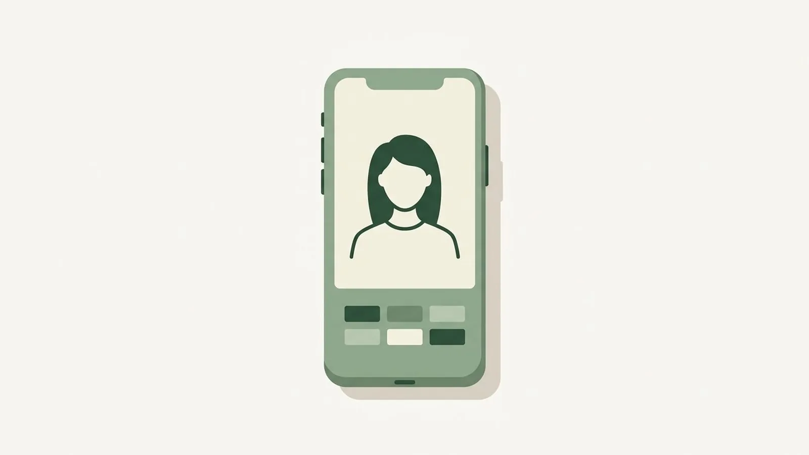 Flat editorial illustration of a smartphone with a selfie outline and colour chips in forest green, sage and cream, for the guide Why TikTok Color Analysis Filters Get Your Season Wrong