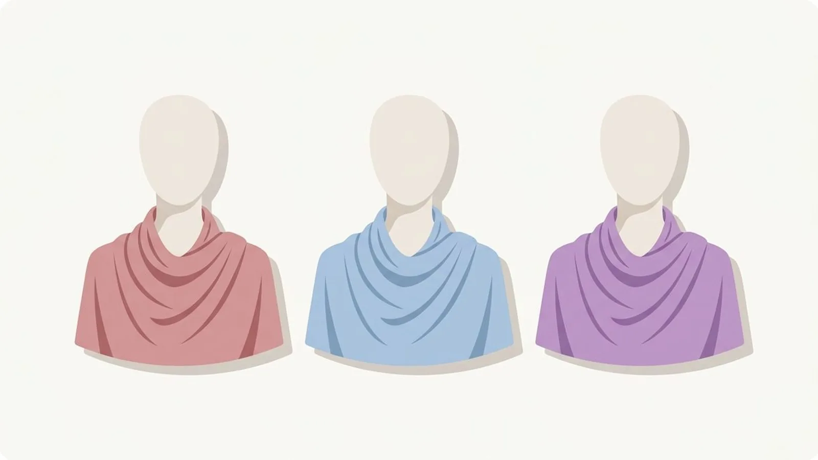Flat editorial illustration of three faceless mannequin busts wearing draped fabric in dusty rose, powder blue, lavender and soft grey, for the guide True Summer Celebrities: 12 Examples