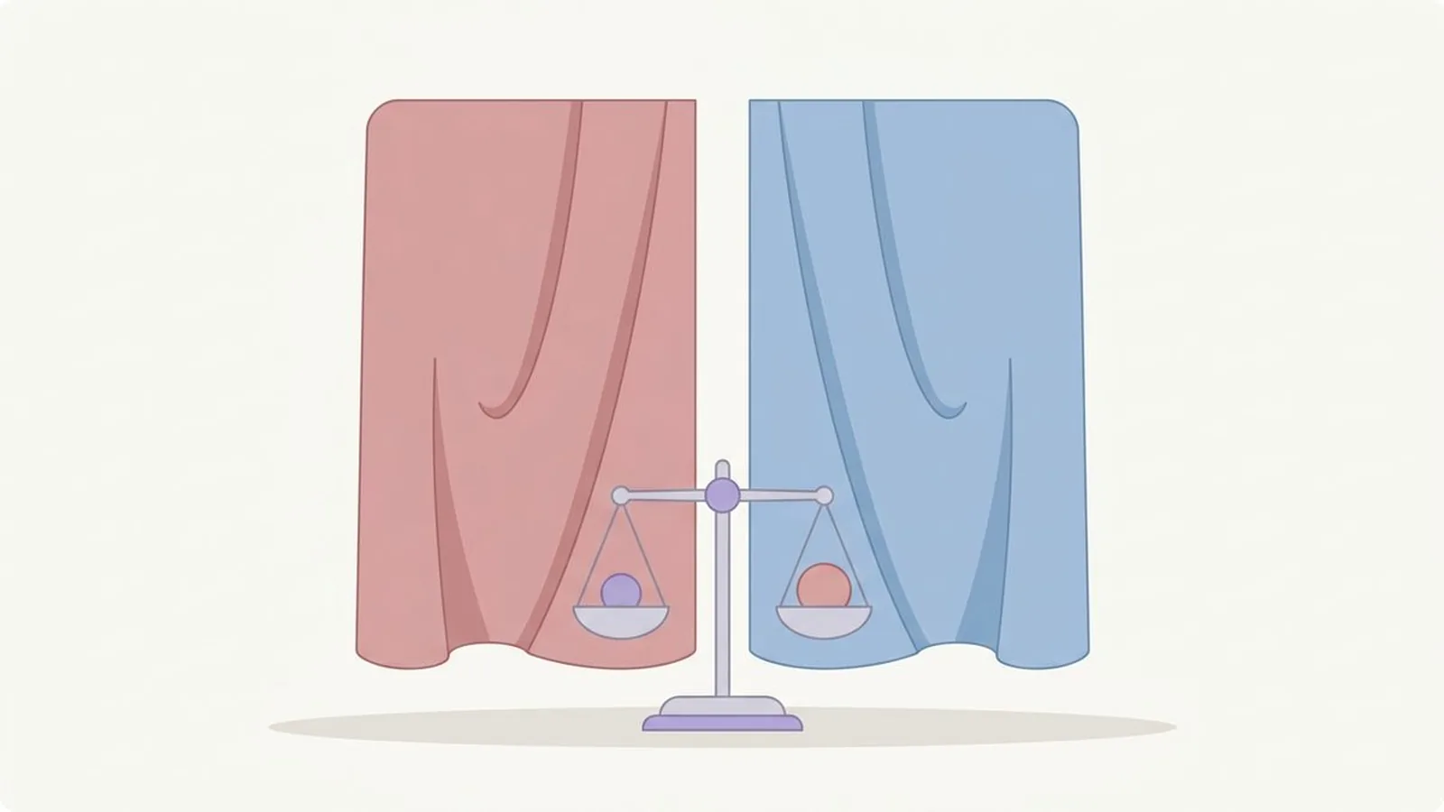 Flat editorial illustration of two fabric drapes side by side with a small balance scale in dusty rose, powder blue, lavender and soft grey, for the guide True Summer vs Soft Summer: The Difference