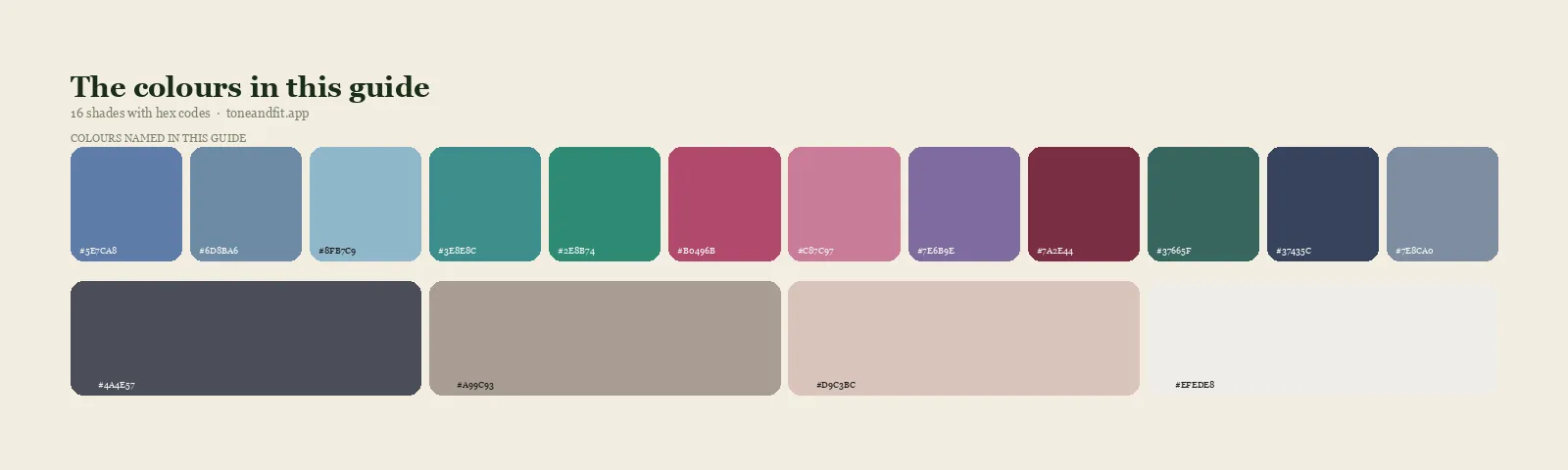 Swatch strip of the 16 colours named in this guide, with hex codes, starting with Slate Blue, Grey Blue, Dusty Blue, Cool Teal