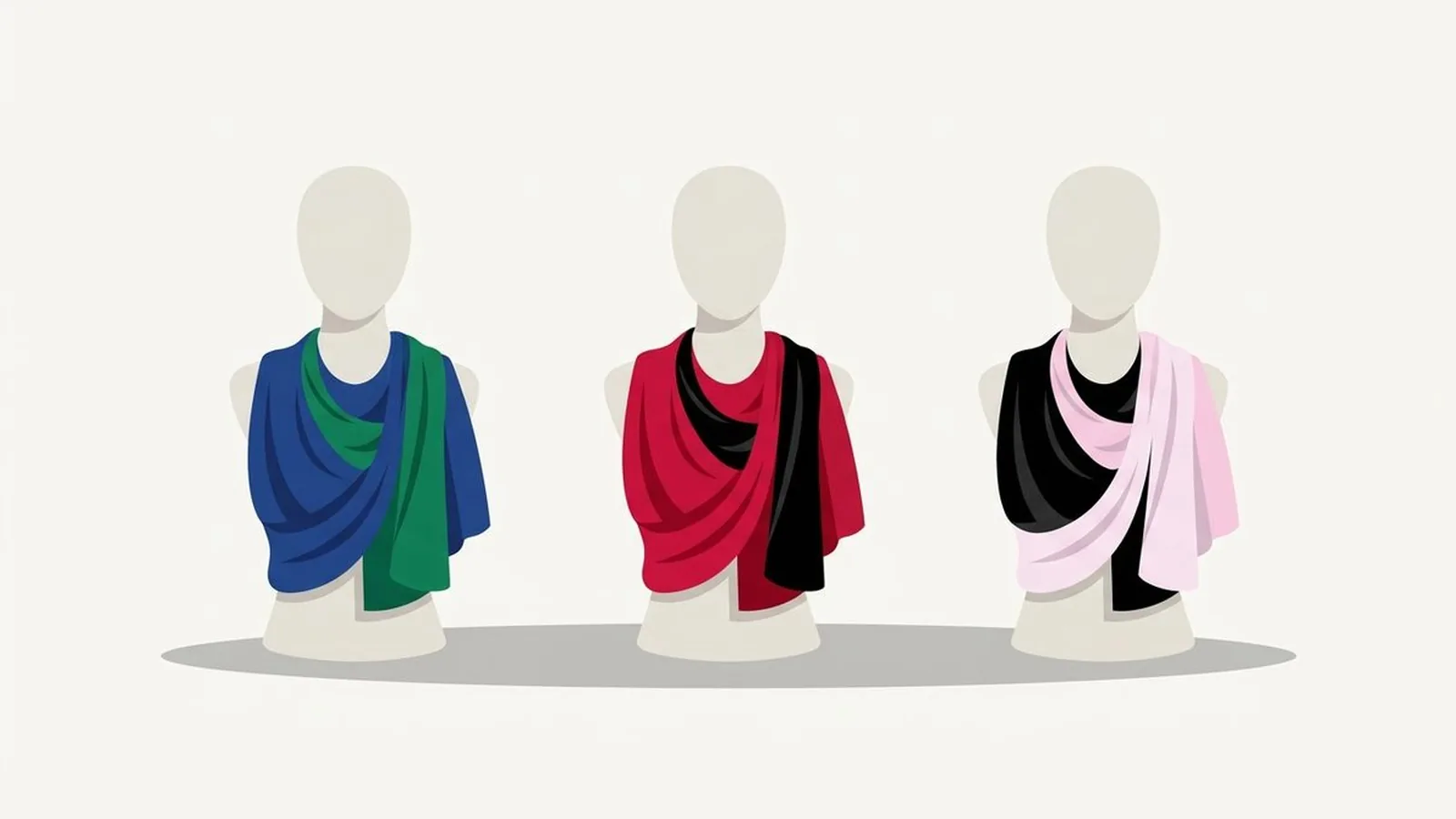 Flat editorial illustration of three faceless mannequin busts wearing draped fabric in sapphire, emerald, ruby, black and icy pink, for the guide True Winter Celebrities: 12 Examples