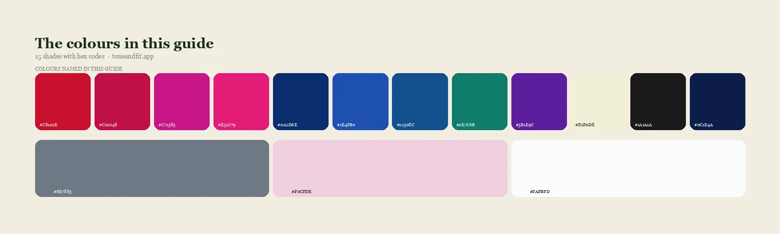 Swatch strip of the 15 colours named in this guide, with hex codes, starting with True Red, Cool Cherry, Fuchsia, Hot Pink