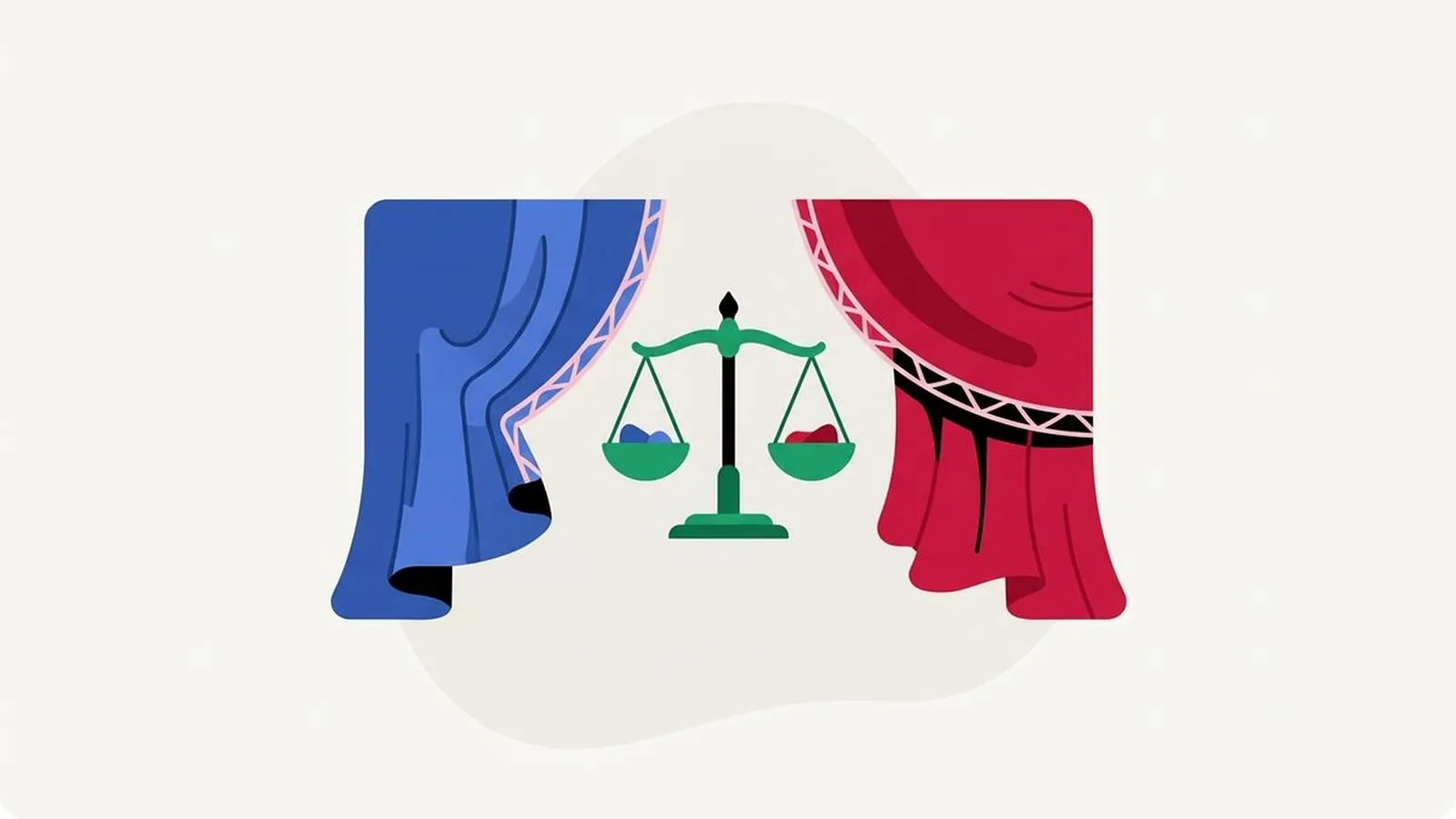 Flat editorial illustration of two fabric drapes side by side with a small balance scale in sapphire, emerald, ruby, black and icy pink, for the guide True Winter vs Deep Winter: The Difference