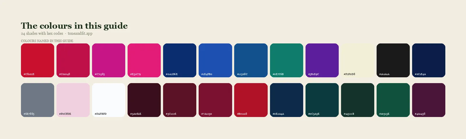 Swatch strip of the 24 colours named in this guide, with hex codes, starting with True Red, Cool Cherry, Fuchsia, Hot Pink