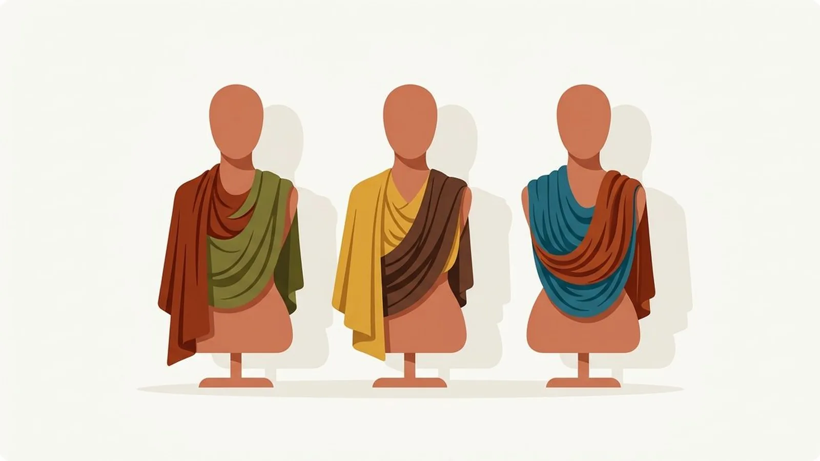 Flat editorial illustration of three faceless mannequin busts wearing draped fabric in rust, olive, mustard, chocolate and teal, for the guide Warm Autumn Celebrities: 12 Examples