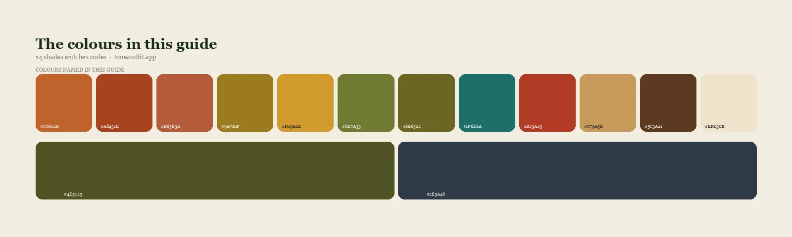 Swatch strip of the 14 colours named in this guide, with hex codes, starting with Pumpkin, Rust, Terracotta, Mustard
