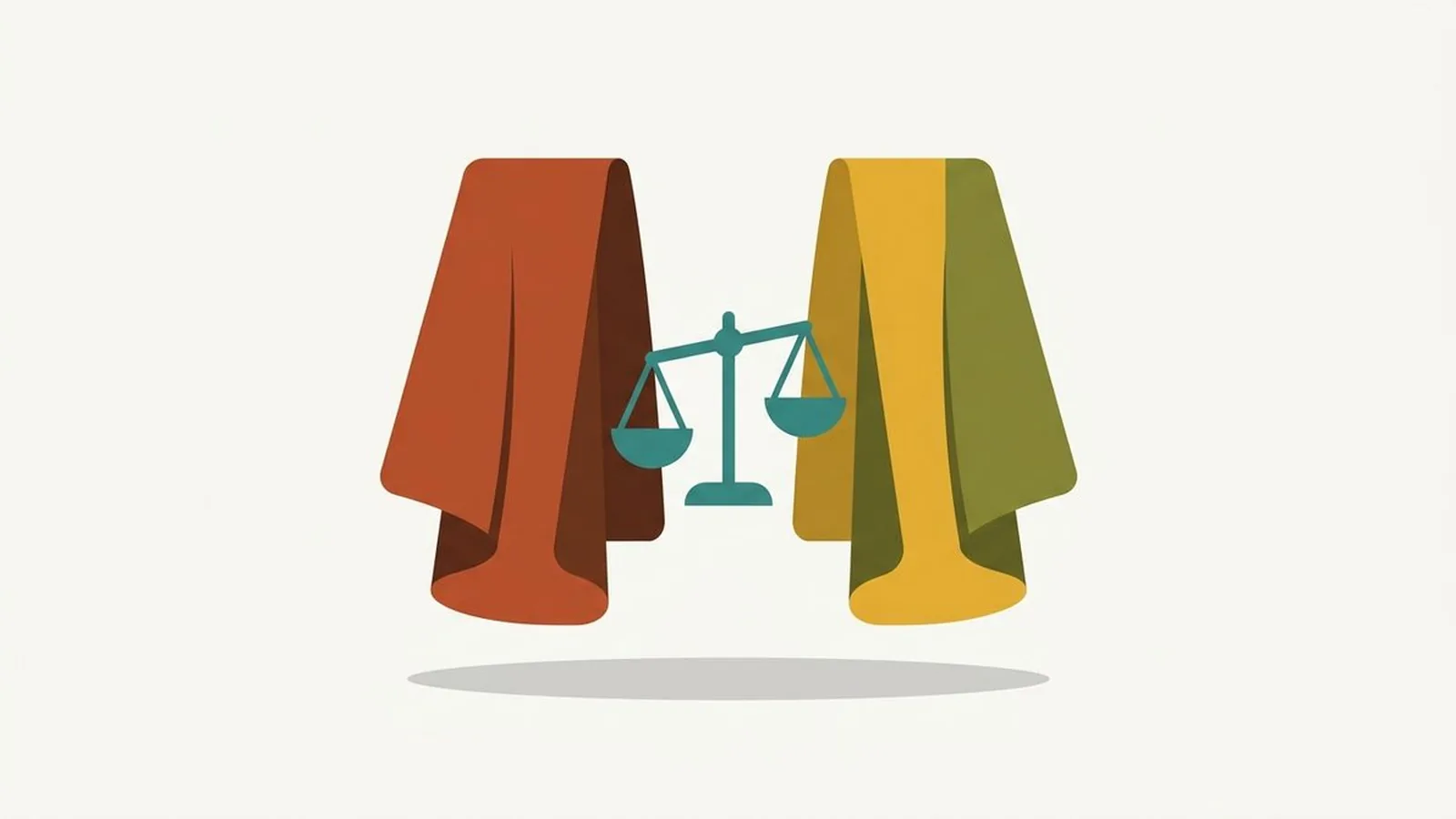 Flat editorial illustration of two fabric drapes side by side with a small balance scale in rust, olive, mustard, chocolate and teal, for the guide Warm Autumn vs Deep Autumn: The Difference
