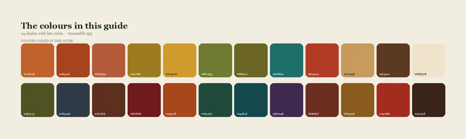 Swatch strip of the 24 colours named in this guide, with hex codes, starting with Pumpkin, Rust, Terracotta, Mustard