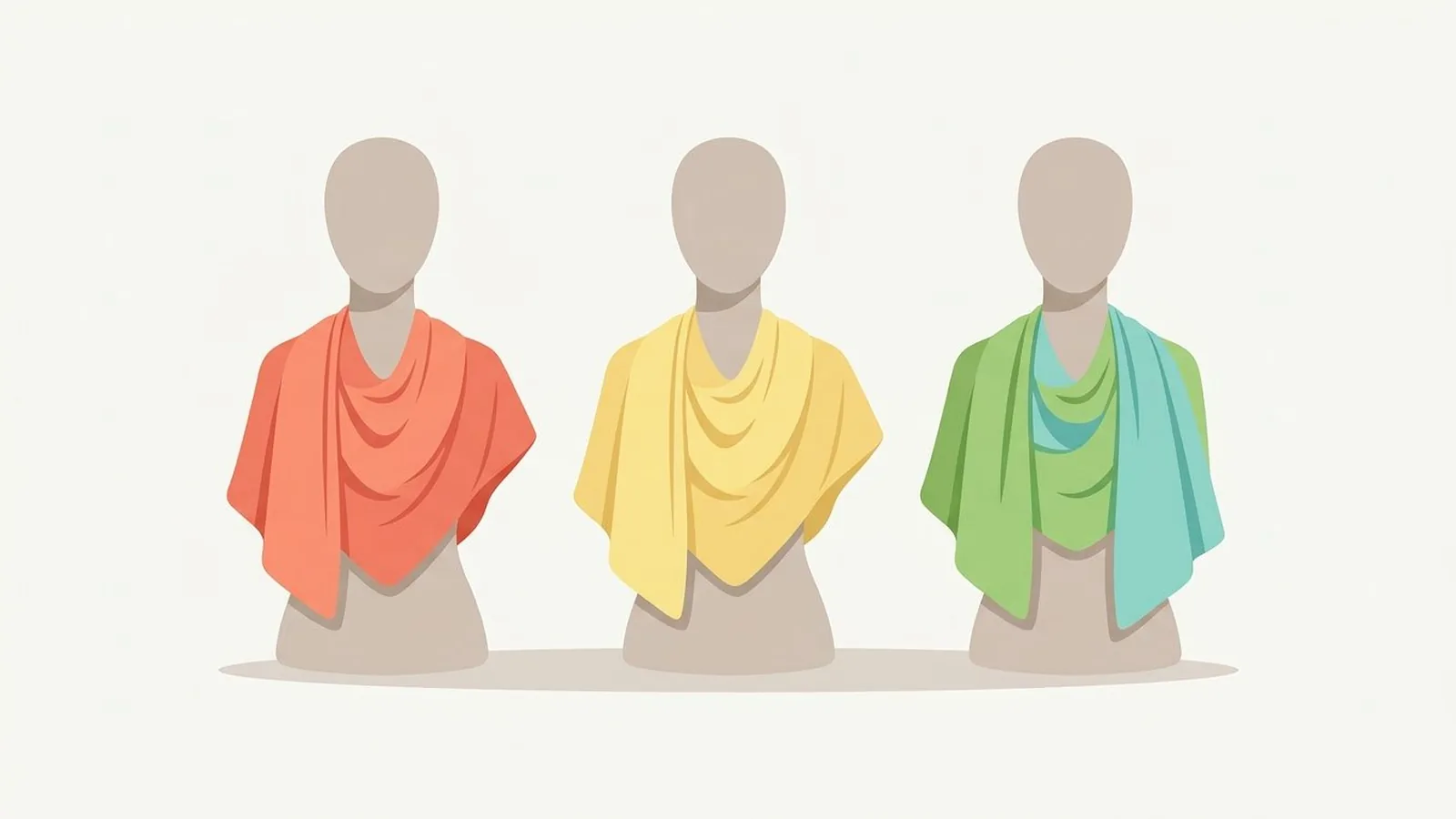 Flat editorial illustration of three faceless mannequin busts wearing draped fabric in warm coral, butter yellow, fresh leaf green and aqua, for the guide Warm Spring Celebrities: Who Has This Golden Color Season?