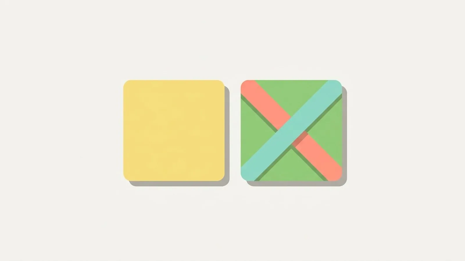 Flat editorial illustration of two fabric swatches, one crossed with a soft ribbon in warm coral, butter yellow, fresh leaf green and aqua, for the guide Colors Warm Springs Should Avoid (and What to Wear Instead)
