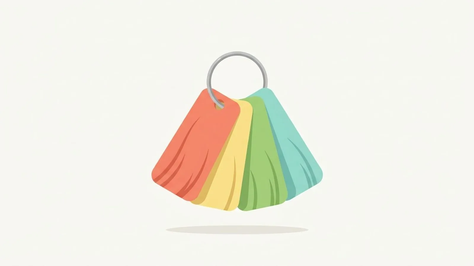 Flat editorial illustration of three hair swatch rings on a loop in warm coral, butter yellow, fresh leaf green and aqua, for the guide Warm Spring Hair Colors: The Best Shades for Warm Spring Coloring