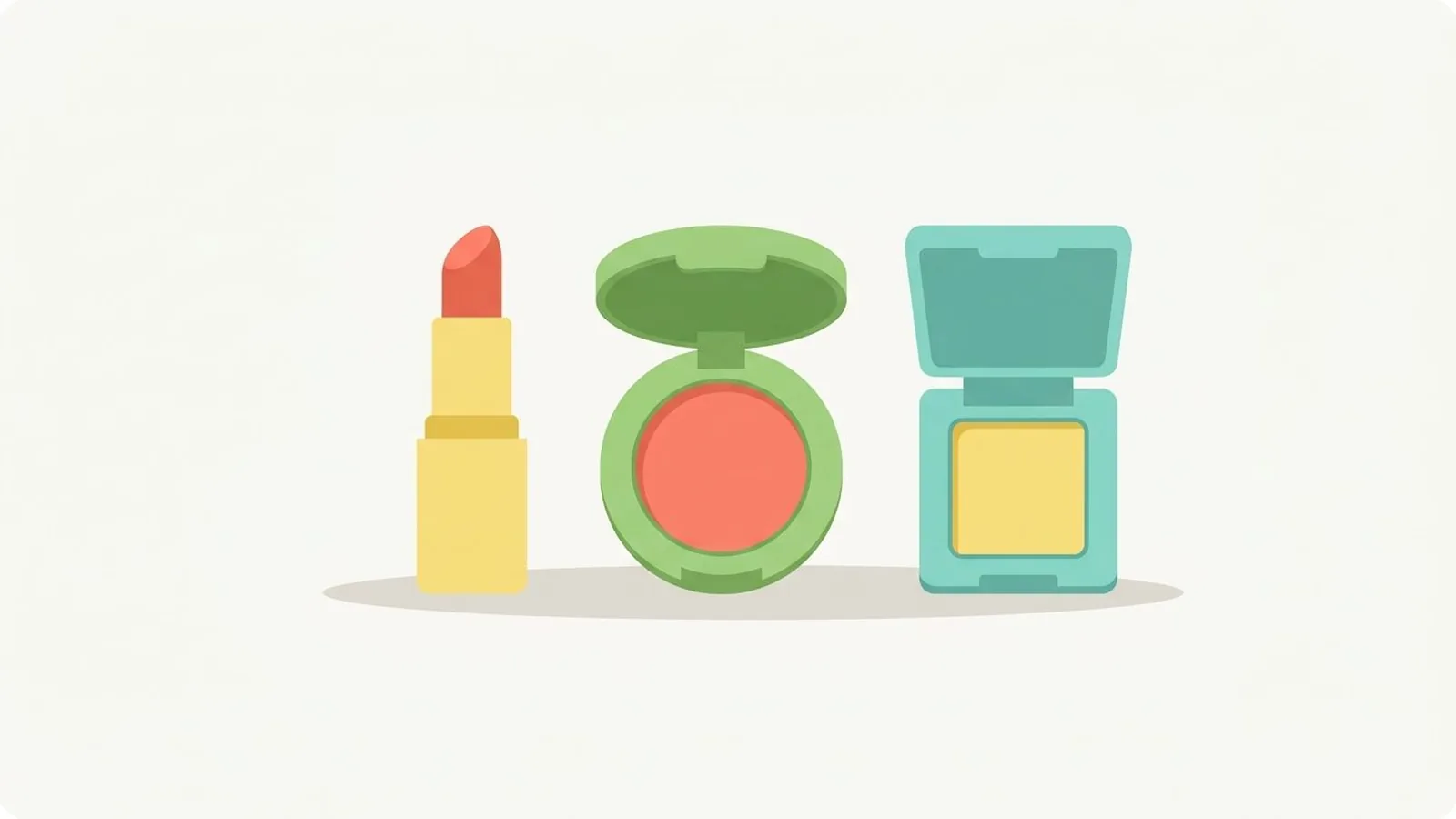 Flat editorial illustration of a lipstick, a blush compact and an eyeshadow pan in warm coral, butter yellow, fresh leaf green and aqua, for the guide Warm Spring Makeup Guide: Clear, Warm Shades for Your Skin Tone