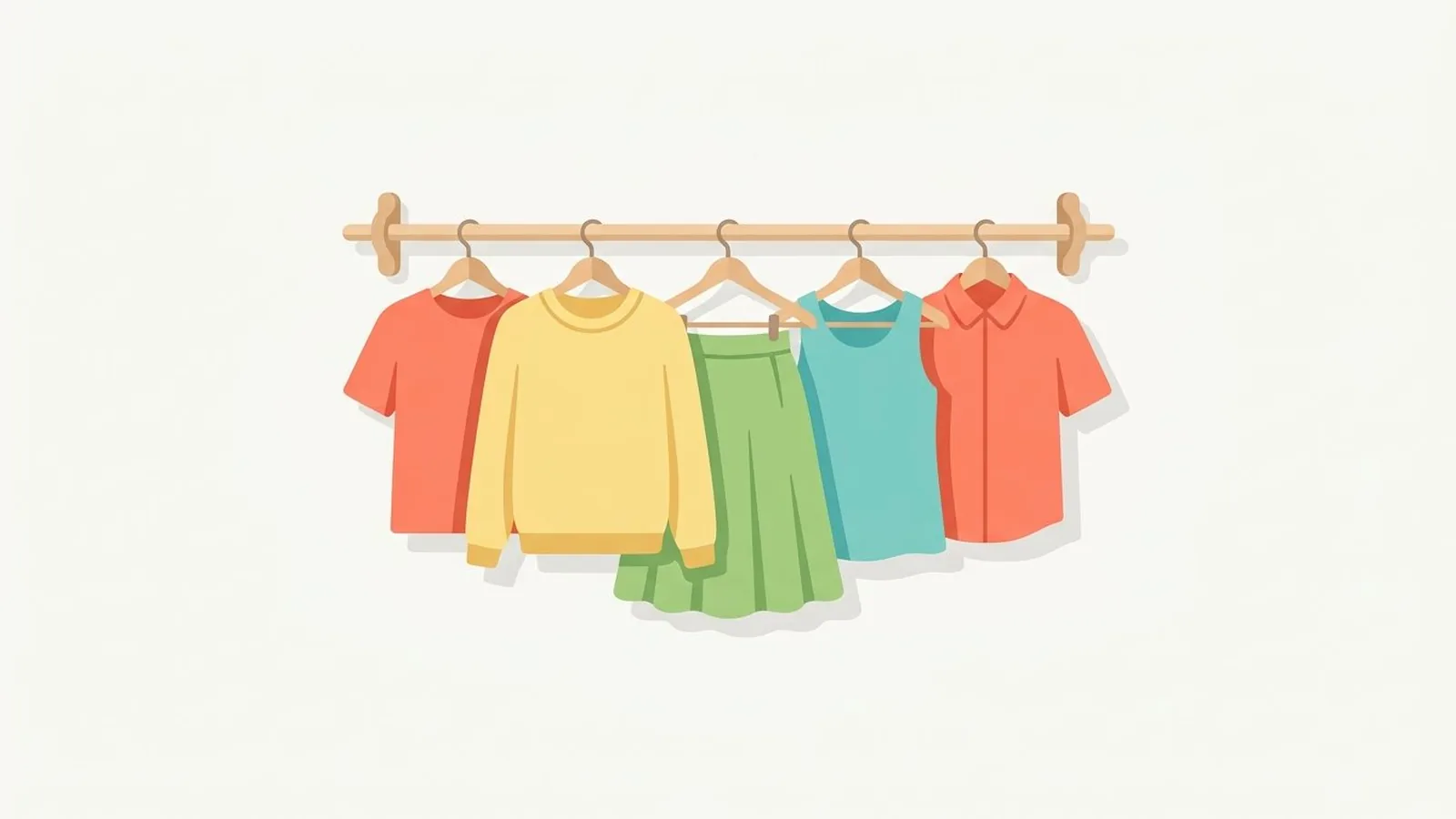 Flat editorial illustration of a hanging rail with five garments in warm coral, butter yellow, fresh leaf green and aqua, for the guide Warm Spring Outfit Ideas: How to Build a Wardrobe Around Your Palette