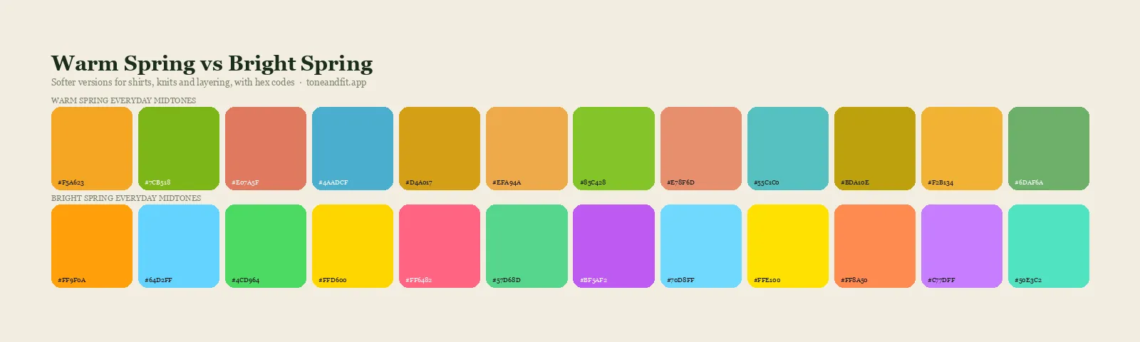 Warm Spring versus Bright Spring colour palettes side by side: ten everyday midtones of each from the Tone & Fit app, with hex codes