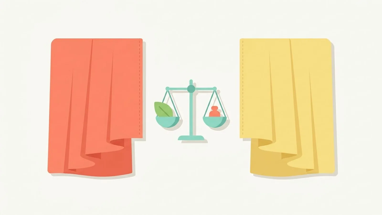 Flat editorial illustration of two fabric drapes side by side with a small balance scale in warm coral, butter yellow, fresh leaf green and aqua, for the guide Warm Spring or True Spring? How to Tell Which Spring Season You Are