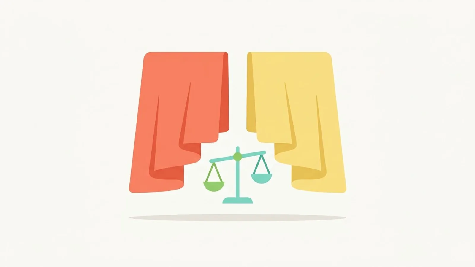 Flat editorial illustration of two fabric drapes side by side with a small balance scale in warm coral, butter yellow, fresh leaf green and aqua, for the guide Warm Spring or Warm Autumn? The Brightness Test That Settles It