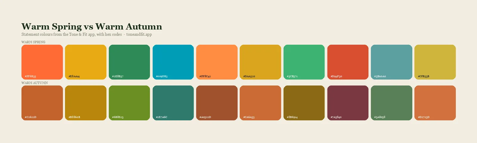 Warm Spring versus Warm Autumn colour palettes side by side: ten statement shades of each from the Tone & Fit app, with hex codes