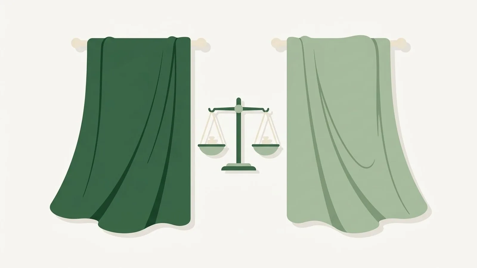 Flat editorial illustration of two fabric drapes side by side with a small balance scale in forest green, sage and cream, for the guide Warm vs Cool Skin Undertone: What It Actually Means for Your Colors
