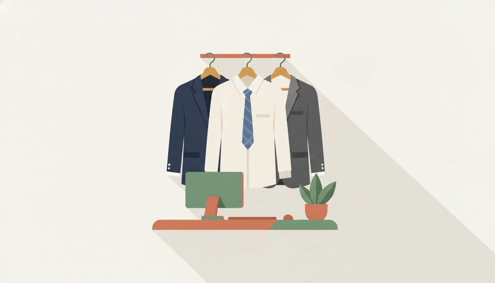 A navy jacket, a charcoal jacket and a white shirt on hangers with a muted blue tie