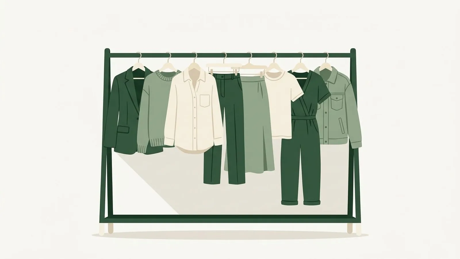 Flat editorial illustration of a small capsule wardrobe rail with eight garments in forest green, sage and cream, for the guide What Color to Wear to a Job Interview: Suit, Shirt and Blouse