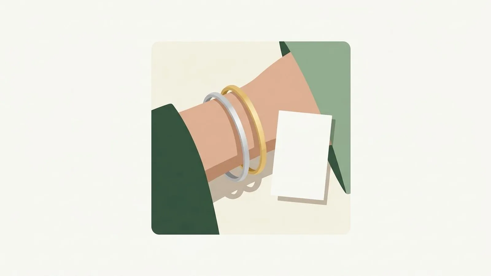 Flat editorial illustration of a wrist wearing a silver and a gold bangle beside a white card in forest green, sage and cream, for the guide What Is My Skin Tone? Depth vs Undertone
