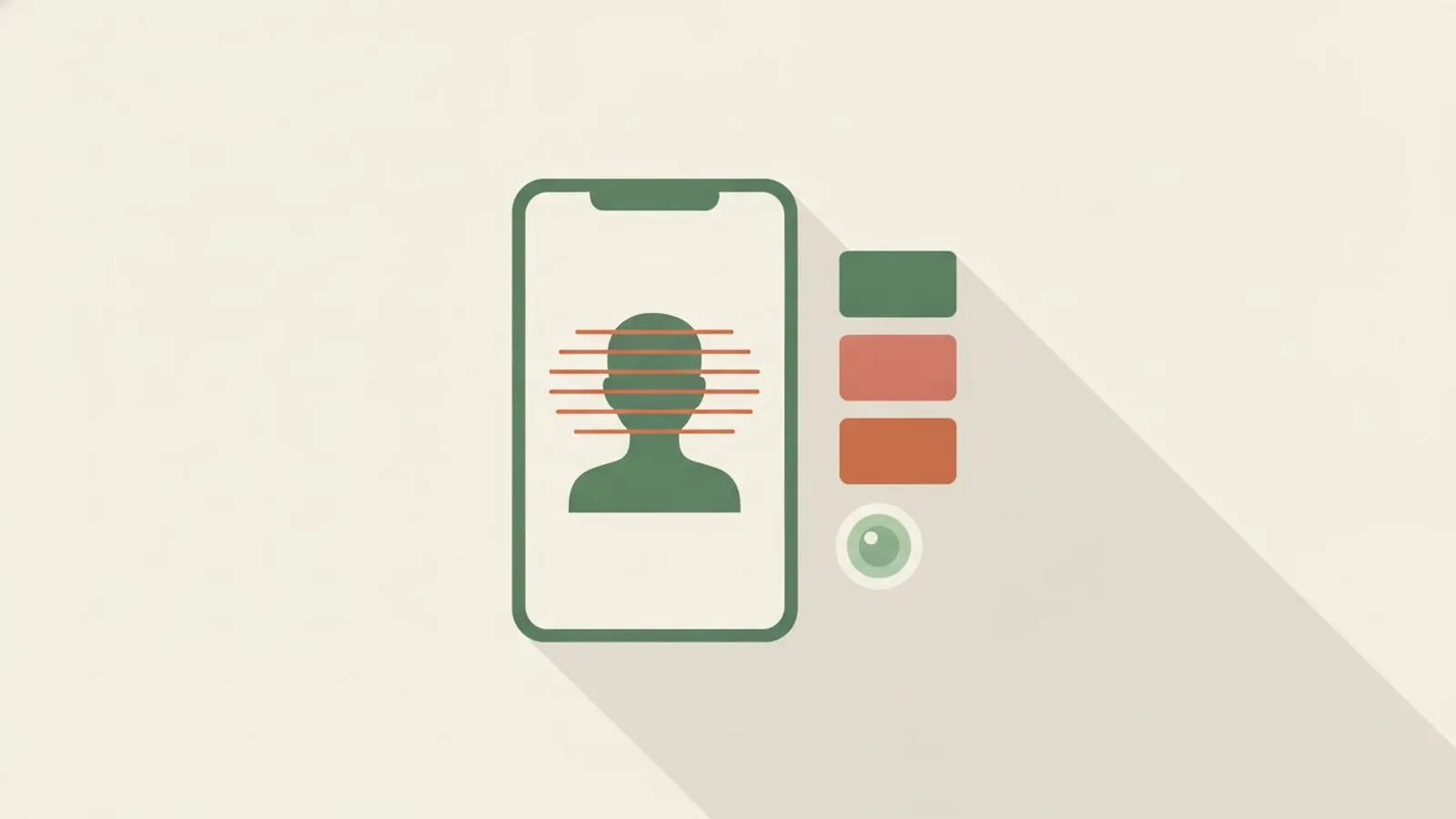 Flat editorial illustration of a smartphone with a selfie outline and colour chips in forest green, sage and cream, for the guide AI Color Analysis: How It Works and How Accurate It Is
