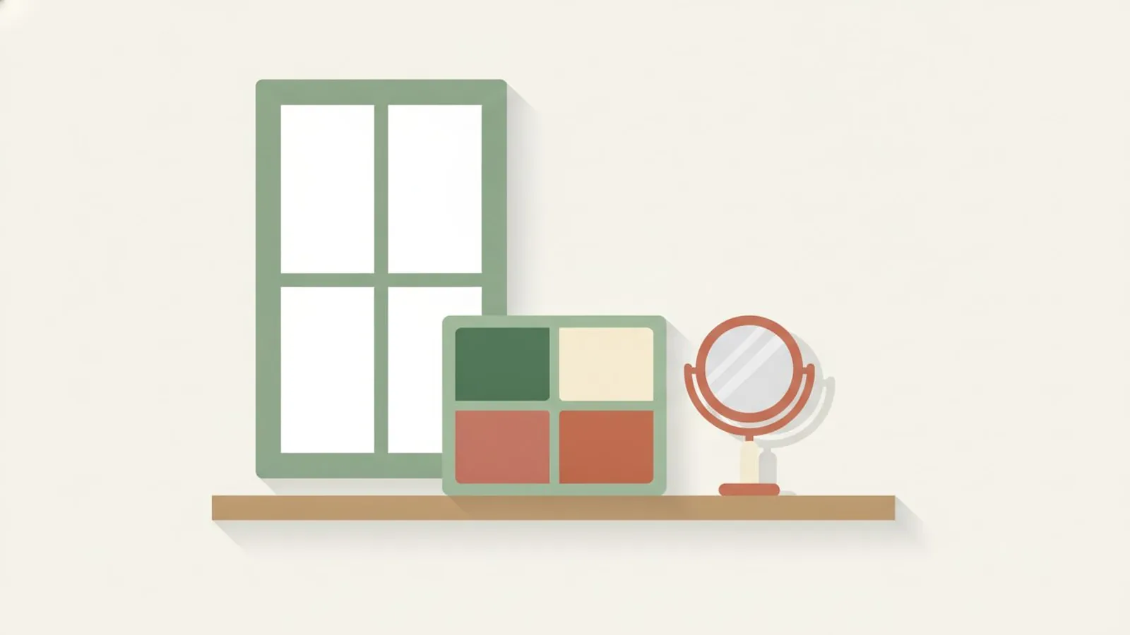 Flat editorial illustration of a paint swatch fan beside a hand mirror in forest green, sage and cream, for the guide What Color Season Am I? Find Your Season Step by Step