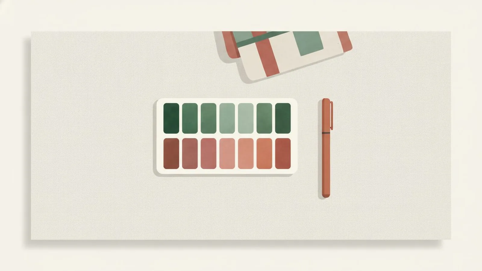 Flat editorial illustration of a fanned set of matte paint swatch cards in forest green, sage and cream, for the guide How to Build Your Personal Colour Palette (That You'll Actually Use)