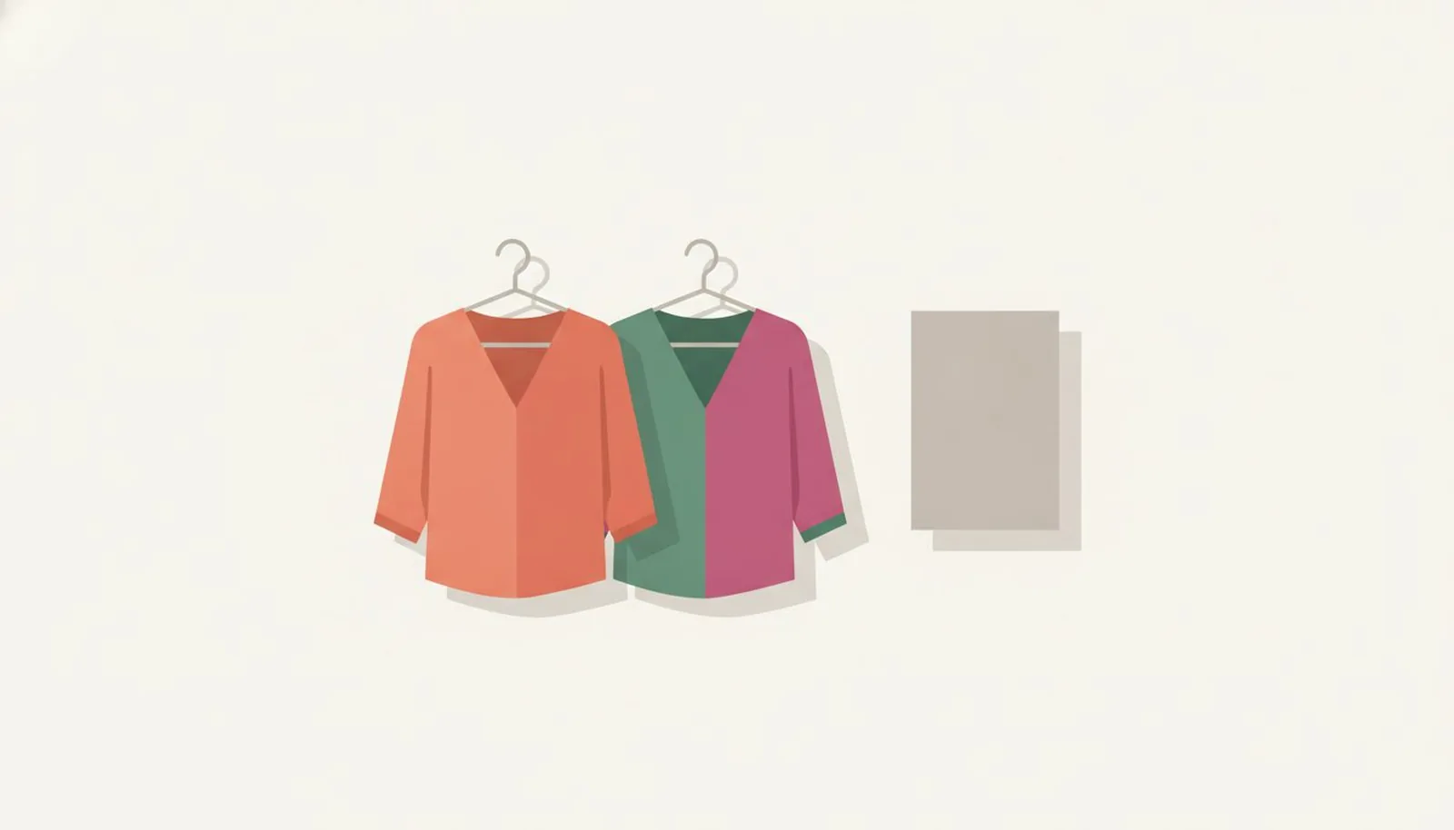 Two identical blouses, one warm coral and one cool fuchsia, beside a neutral grey card for the two-photo test